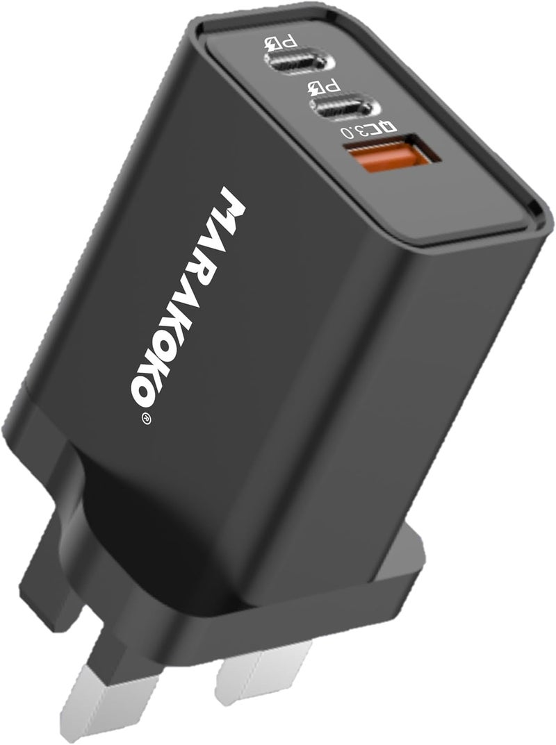 ماراكوكو رأس شاحن بقدرة 55 واط، شاحن ثلاثي المنافذ (2 منفذ Type-C ومنفذ USB واحد). شواح�� هواتف سريعة وآمنة، سماعات رأس، ساعات، أجهزة مودم. يناسب أجهزة آيفون وسامسونج وهونر وغيرها من الأجهزة المدعومة. - Image 1
