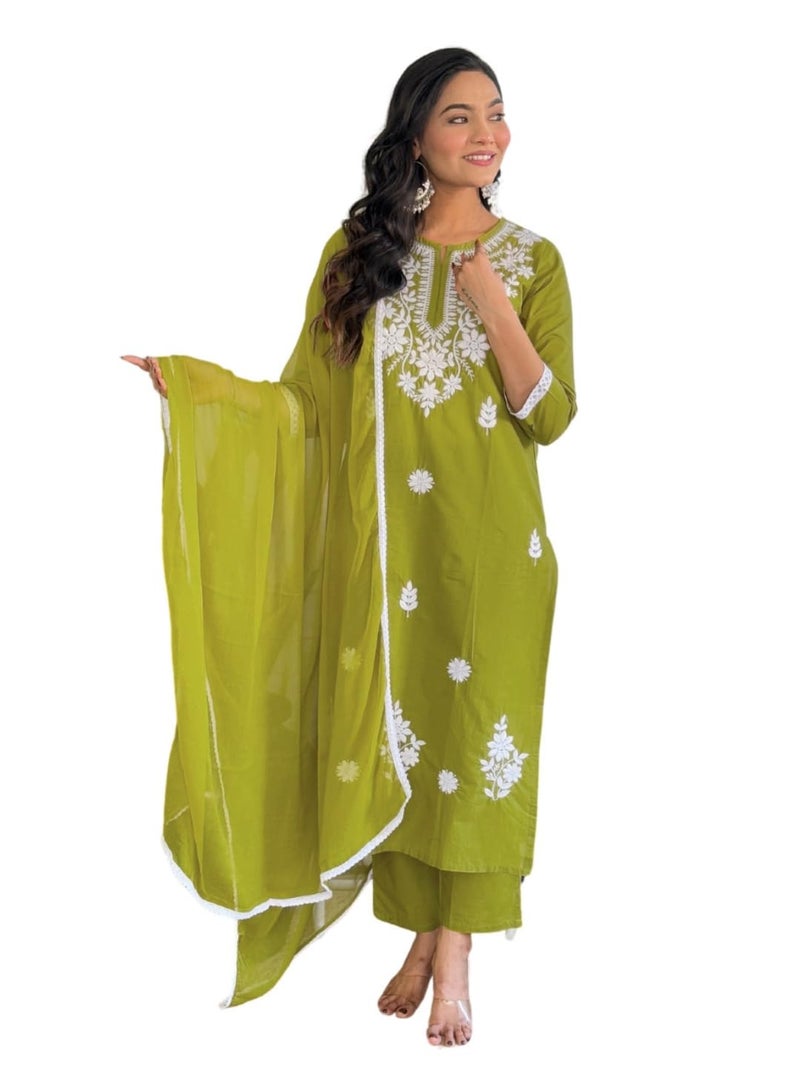 Naixa Women's Cotton Embroidered Straight Kurta with Pant and Dupatta Sets (NX-574-Liril-XS) - Image 1