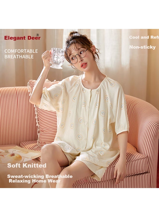 Yalu Women's Pajamas, Short-sleeve Shorts, Summer Lace Trim, Cute Floral Pattern, Loose-fitting, Can Be Worn Outside, Home Loungewear, Two-piece Set - Image 1