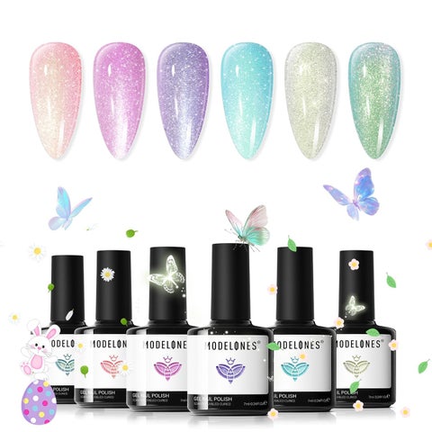 modelones Glitter Gel Nail Polish Set, 6 Colors Sping Pastel Candy Mermaid White Pink Gel Polish Baby Blue Purple Galaxy Sparkle Shimmer Pearl Nail Polish Soak Off LED Easter Nail Art DIY Gift