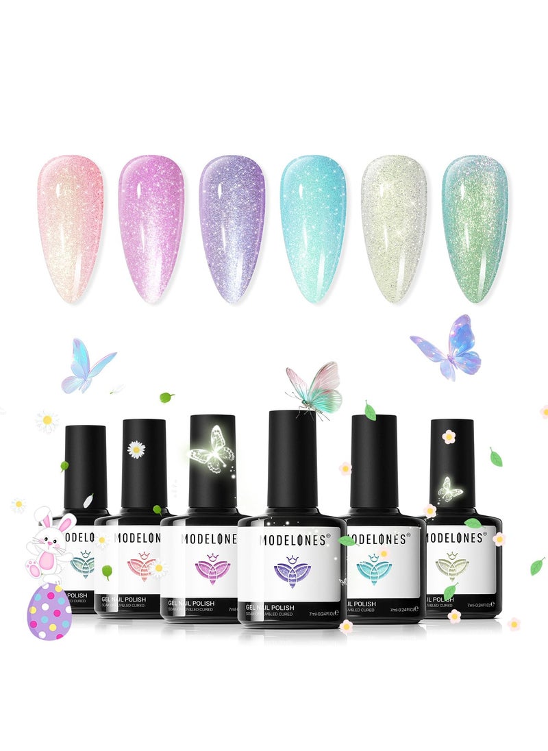modelones - modelones Glitter Gel Nail Polish Set, 6 Colors Sping Pastel Candy Mermaid White Pink Gel Polish Baby Blue Purple Galaxy Sparkle Shimmer Pearl Nail Polish Soak Off LED Easter Nail Art DIY Gift - Image 1
