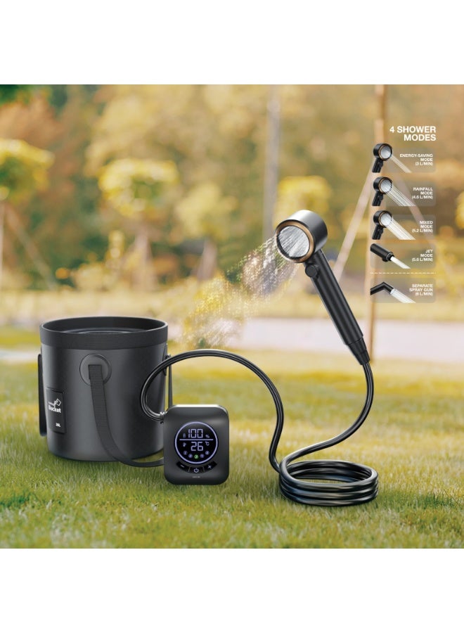 جرين ليون دش التخييم / نظام دش محمول بشاشة رقمية / 5 أوضاع ضغط قابلة للتعديل / كيس ماء سعة 20 لترًا / بطارية 8000 مللي أمبير في الساعة ووقت تشغيل 180 دقيقة - مقاوم للماء IPX8 للمغامرات الخارجية - أسود - Image 2