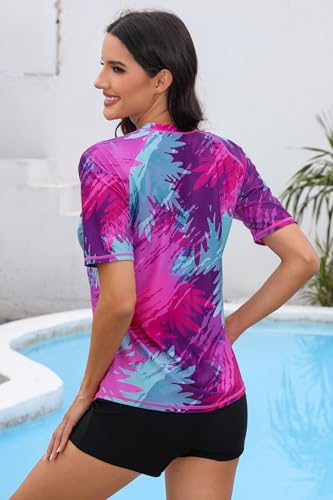 Halcurt Womens 2 PC Rash Guard with Built in Bra Swim Shirt and Shorts Palm M - Image 3