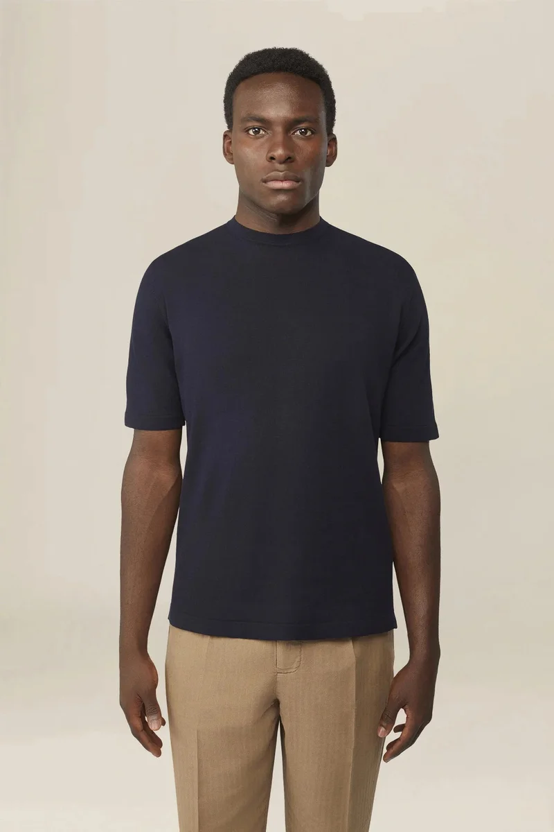 Men's knitted T-shirt in 100% cotton crepe - Blue Navy
