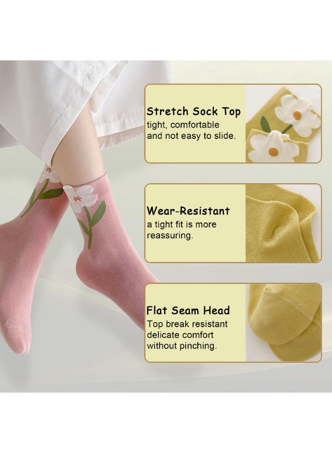 SANMUGEED 5 Pairs Cute Womens Floral Socks, Cotton Vintage Embroidered Casual Crew Socks, Girly Cottagecore Tulip Dress Socks - Image 3