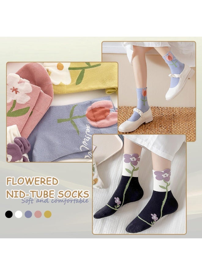 SANMUGEED 5 Pairs Cute Womens Floral Socks, Cotton Vintage Embroidered Casual Crew Socks, Girly Cottagecore Tulip Dress Socks - Image 2