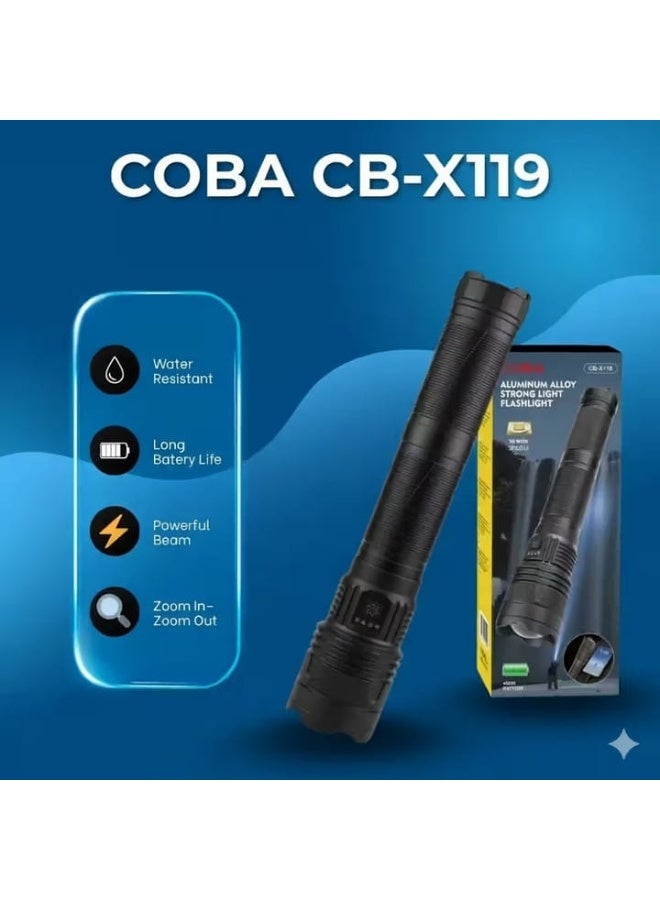 كوبا مصباح يدوي قوي الإضاءة من سبائك الألومنيوم COBA CB-X119 - مدى إضاءة طويل يصل إلى 3000 متر، قابل لإعادة الشحن عبر منفذ USB مع بنك طاقة - Image 2