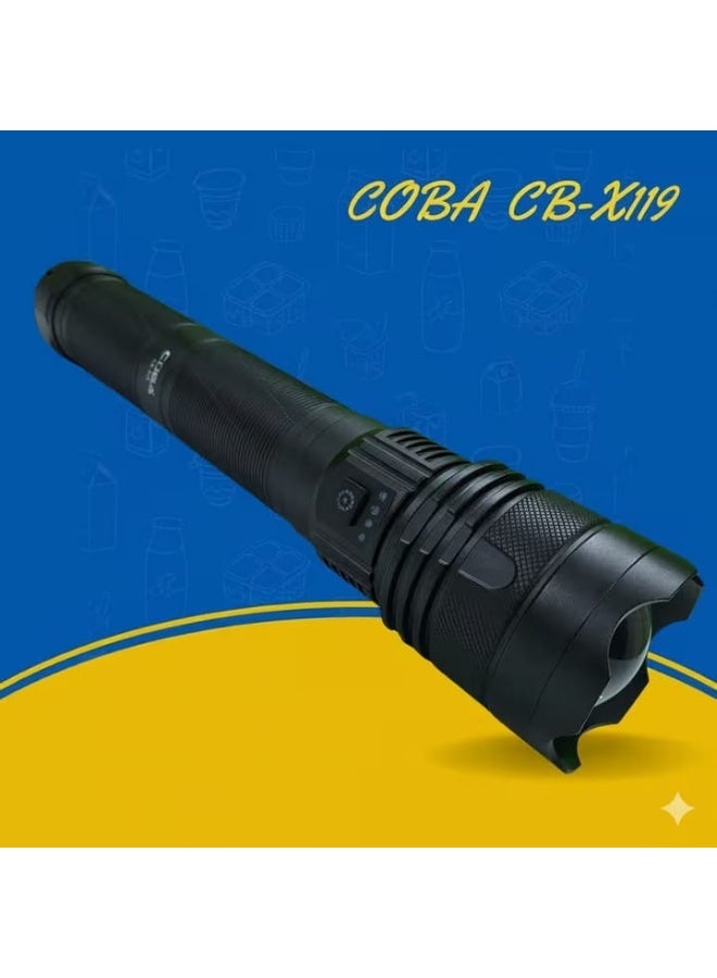 كوبا مصباح يدوي قوي الإضاءة من سبائك الألومنيوم COBA CB-X119 - مدى إضاءة طويل يصل إلى 3000 متر، قابل لإعادة الشحن عبر منفذ USB مع بنك طاقة - Image 1