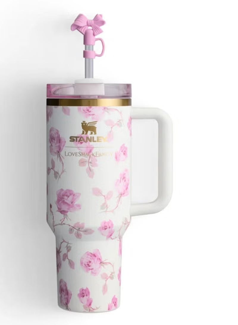 Stanley Stanley Love Shack Fancy H2.0 Flow State 40oz Pink Rose Tumbler, Stainless Steel Vacuum Insulated Quencher with Lid, Straw, and Stopper, Ideal for Water and Iced Tea, Keeps Drinks Cold, Presented in Elegant Gift-Ready Packaging - Image 3