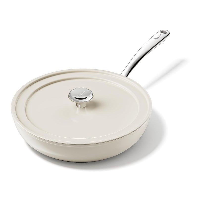Redchef مقلاة سوتيه عميقة من السيراميك من ريدشيف مع غطاء، قدر طهي كبير الحجم، مقلاة قلي غير لاصقة مقاس 11 بوصة بمقبض بارد الملمس، مقلاة طهي غير سامة، مناسبة للمطبخ، آمنة للاستخدام في غسالة الأطباق، خالية من مركبات PFOA وPFAS (بيج) - Image 1