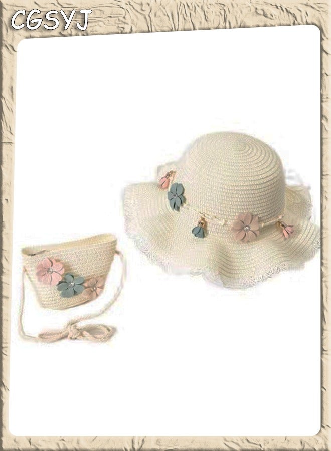 CGSYJ Baby Girls Flower Wide Brim Hat Sun Beach Straw Flower Hats with Cute Shoulder Bag  - Image 1