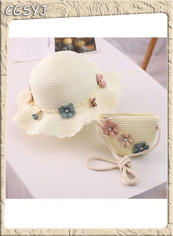 CGSYJ Baby Girls Flower Wide Brim Hat Sun Beach Straw Flower Hats with Cute Shoulder Bag  - Image 3