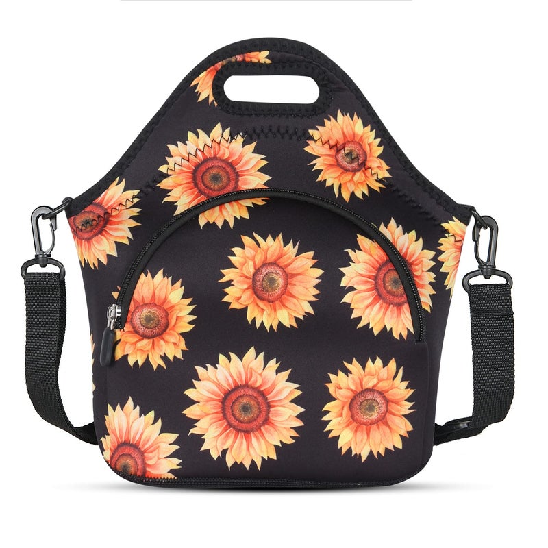 Violet Mist Neoprene Floral Lunch Bag Sunflower 126L x 118H x 63W Adjustable Shoulder Strap Waterproof EcoFriendly