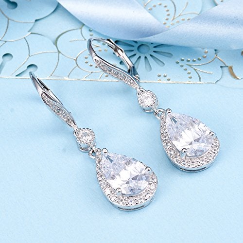 EleQueen Teardrop Lever-back Dangle Earrings 925 Sterling Silver Full Cubic Zirconia Bridal Long Earrings for Women, Valentine's Day/Mother's Day/Christmas Jewelry Gift - Image 5