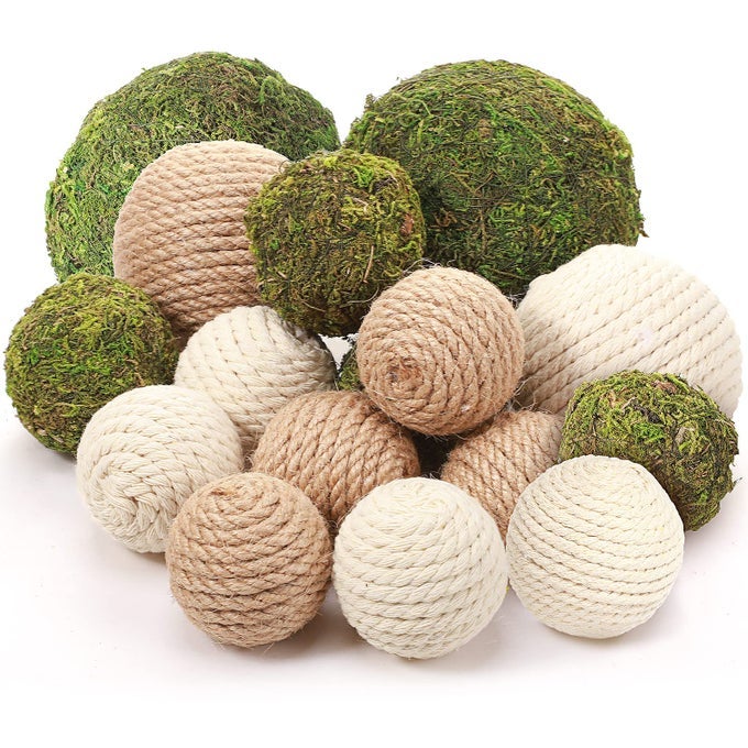 18 PCS DECORATIVE BALLS FOR CENTERPIECE BOWLS GREEN MOSS BALLS AND ROPE CORD BOWL FILLERS FOR HOME VASE GARDEN WEDDING FARMHOUSE RUSTIC PARTY TABLE DECORSIMPLE STYLE
