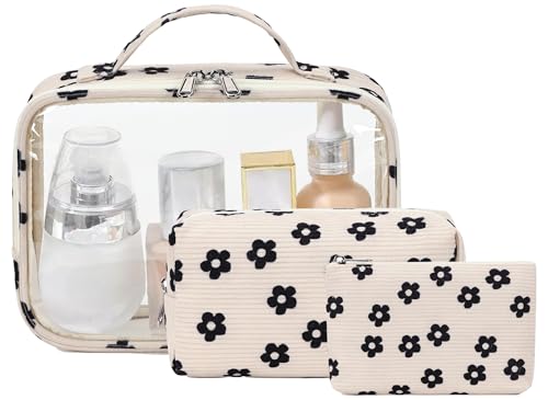 Bluboon 3Pcs Makeup Toiletry Bag for Women Clear Packing Cubes Cosmetic Bag for Travel Women With Zipper Travel Essentials Corduroy Floral 95 - Image 1