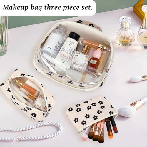 Bluboon 3Pcs Makeup Toiletry Bag for Women Clear Packing Cubes Cosmetic Bag for Travel Women With Zipper Travel Essentials Corduroy Floral 95 - Image 3
