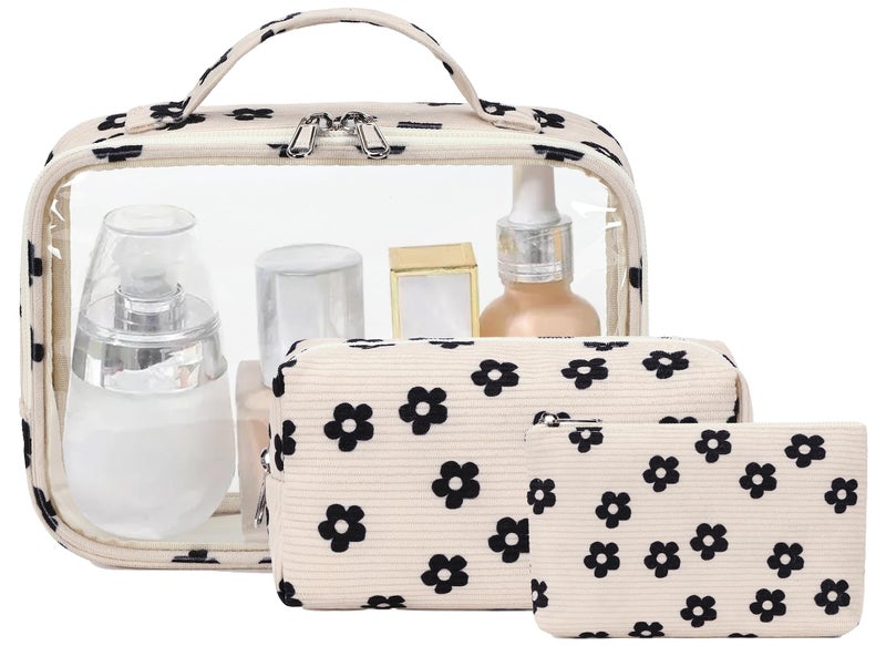 Bluboon 3Pcs Makeup Toiletry Bag for Women Clear Packing Cubes Cosmetic Bag for Travel Women With Zipper Travel Essentials Corduroy Floral 95 - Image 2