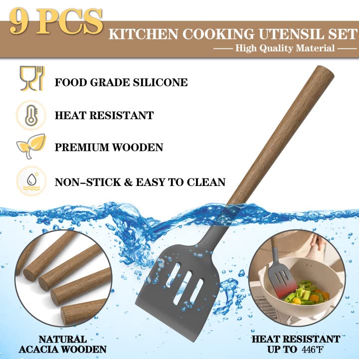 CACOLES Silicone Kitchen Cooking Utensil Set 9Pcs Kitchen Utensils Spatula Set With Wooden Handle For Nonstick Cookware 446 - Image 5