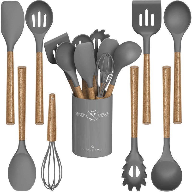 CACOLES Silicone Kitchen Cooking Utensil Set 9Pcs Kitchen Utensils Spatula Set With Wooden Handle For Nonstick Cookware 446 - Image 1