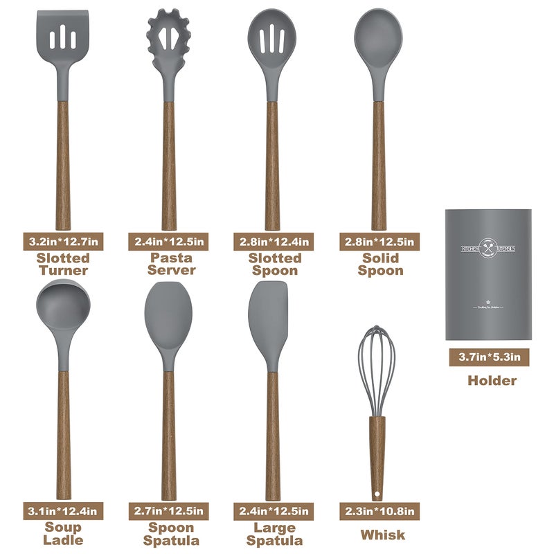 CACOLES Silicone Kitchen Cooking Utensil Set 9Pcs Kitchen Utensils Spatula Set With Wooden Handle For Nonstick Cookware 446 - Image 3