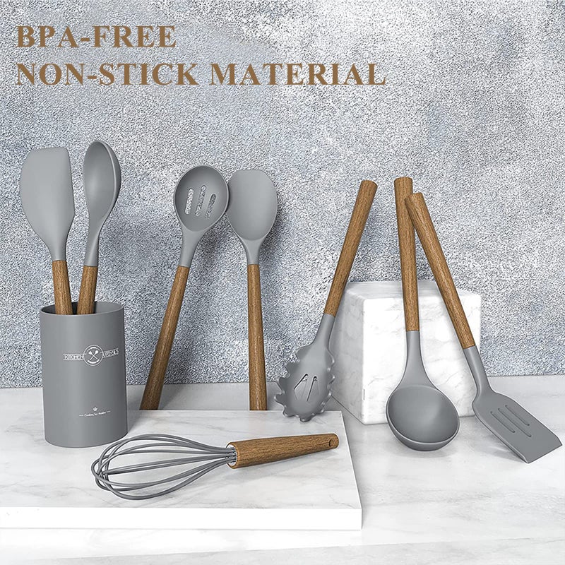 CACOLES Silicone Kitchen Cooking Utensil Set 9Pcs Kitchen Utensils Spatula Set With Wooden Handle For Nonstick Cookware 446 - Image 4