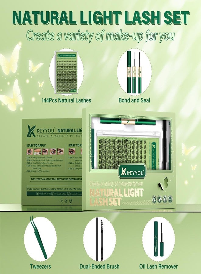KEYYOU Natural Lash Clusters Kit 144Pcs DIY Lash Extension Kit Wispy Eyelash Extensions Kit D Curl 8-18MIX with Bond and Seal and tweezers with Thin Lash Band(KIT-N01-D-8-18MIX) - Image 2