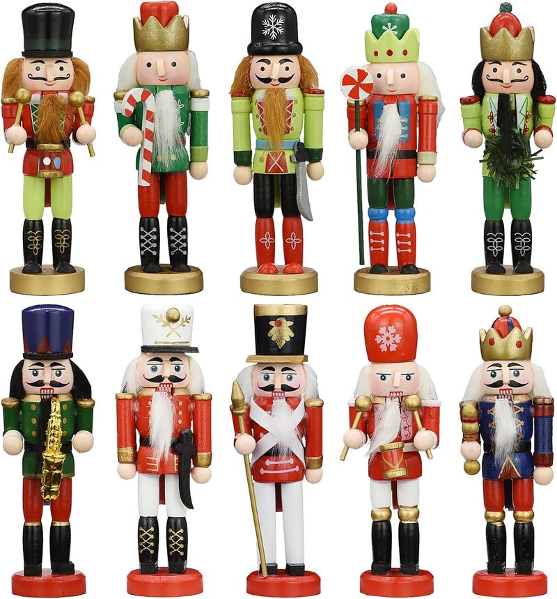 KoolShare Christmas Nutcracker Ornaments 10-Piece Decoration Set, 5-Inch Handcrafted Wooden Soldiers in Colorful & Varied Designs, Hangable for Xmas Tree or Tabletop Display - Image 1