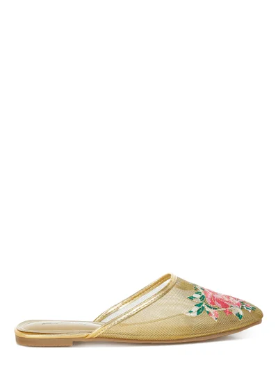 London Rag Floral Embroidered Mesh Mules in Gold