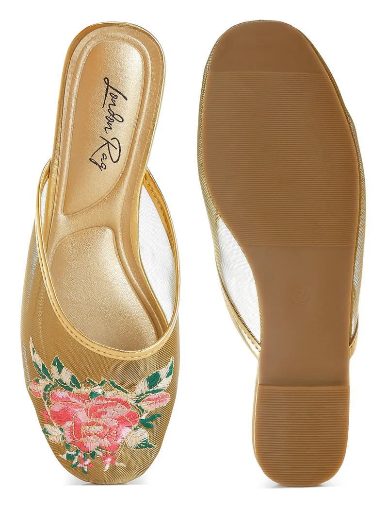 London Rag Floral Embroidered Mesh Mules in Gold