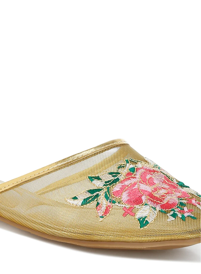 London Rag Floral Embroidered Mesh Mules in Gold