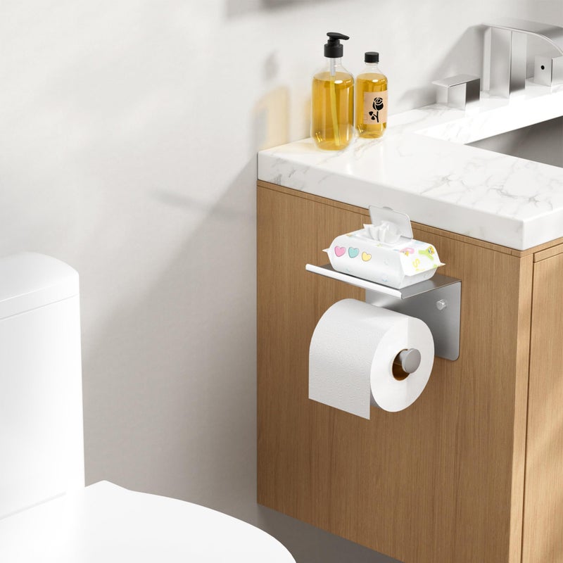 FORIOUS Toilet Paper Holder with Shelf, Adhesive or Screw Wall Mount Toilet Roll Holder for Bathroom, Rustproof 304 Stainless Steel Commercial Toilet Tissue Holder with Storage, Brushed Nickel - Image 2