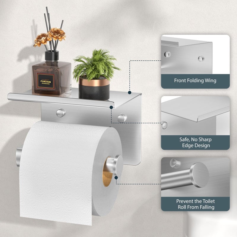 FORIOUS Toilet Paper Holder with Shelf, Adhesive or Screw Wall Mount Toilet Roll Holder for Bathroom, Rustproof 304 Stainless Steel Commercial Toilet Tissue Holder with Storage, Brushed Nickel - Image 3