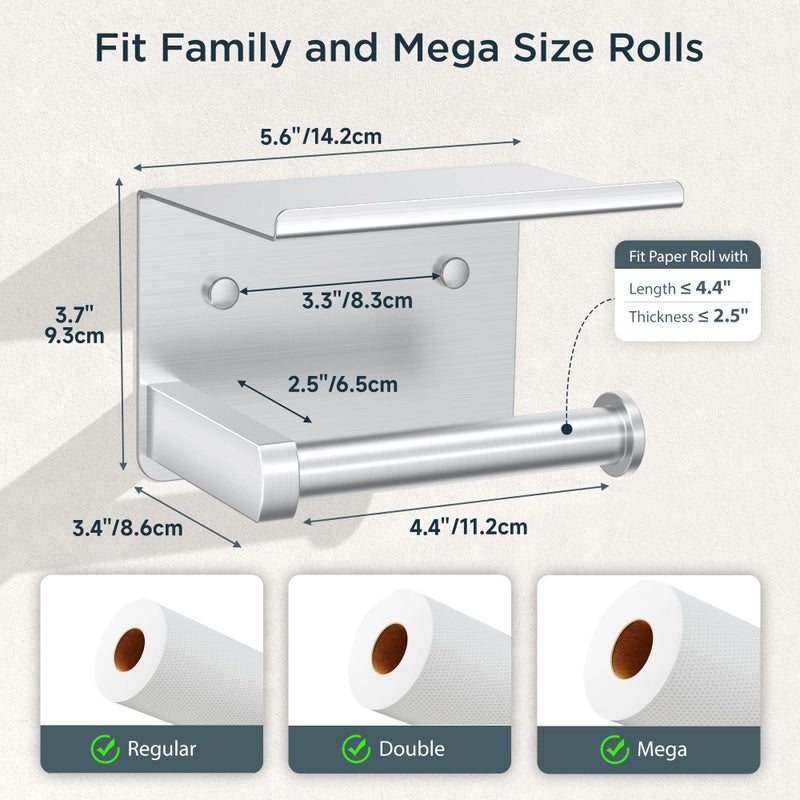 FORIOUS Toilet Paper Holder with Shelf, Adhesive or Screw Wall Mount Toilet Roll Holder for Bathroom, Rustproof 304 Stainless Steel Commercial Toilet Tissue Holder with Storage, Brushed Nickel - Image 4