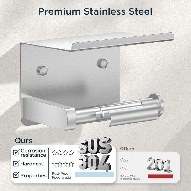 FORIOUS Toilet Paper Holder with Shelf, Adhesive or Screw Wall Mount Toilet Roll Holder for Bathroom, Rustproof 304 Stainless Steel Commercial Toilet Tissue Holder with Storage, Brushed Nickel - Image 5