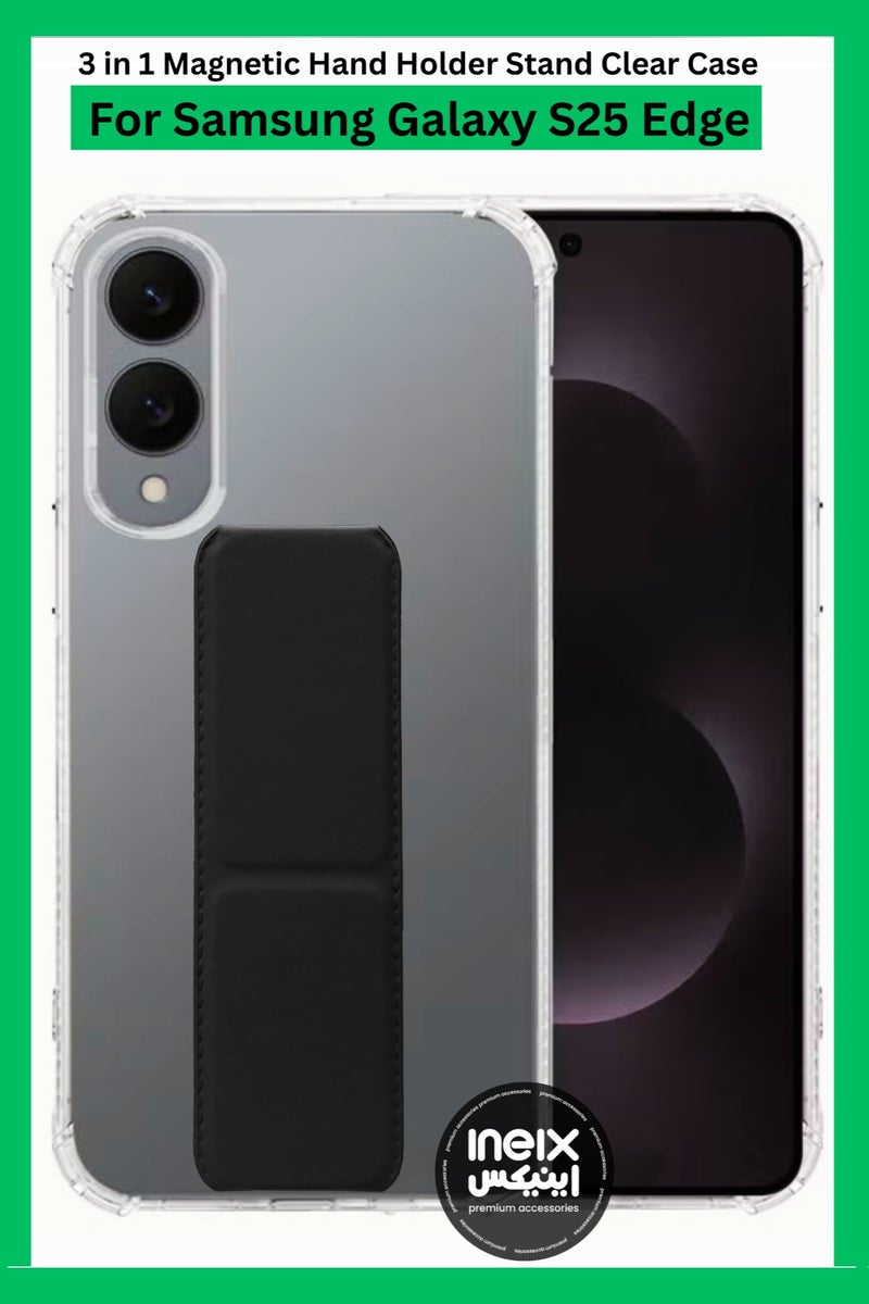 3-in-1 Magnetic Transparent Wrist Strap Hand Grip Stand Back Case Cover for Samsung Galaxy S25 Edge 5G 2025, Finger Grip Soft Cover,Stand Holder TPU Case,Kickstand-Clear/Black