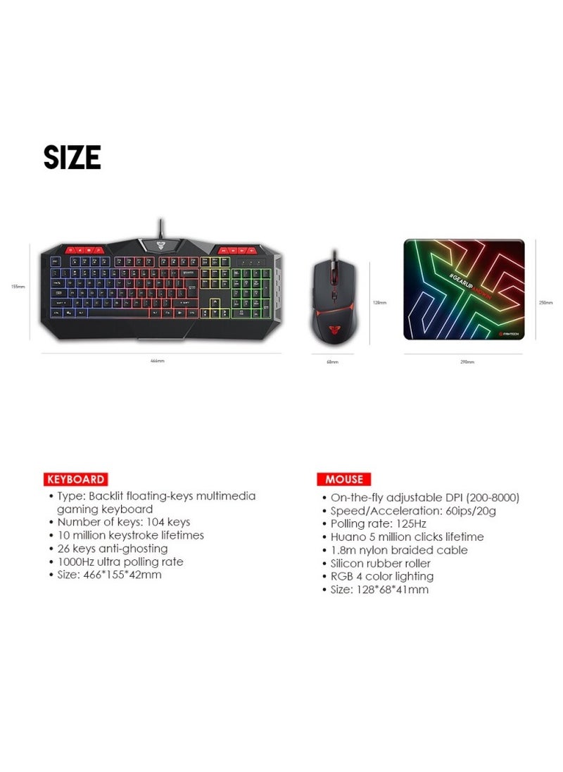 FANTECH - Fantech 3in1 Gaming Combo with 104 Keys RGB Backlit Gaming Keyboard, Adjustable DPI Gaming Mouse, Speed Type Surface Design Mouse Pad Gaming Bundle - Image 1