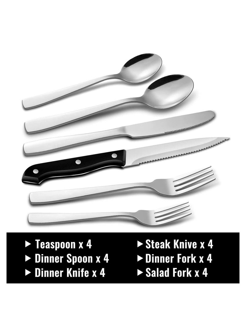 Arabest 24-Piece Silverware Set with Steak Knife, Stainless Steel Flatware, Mirror Polish Cutlery 4-Piece Set, Includes Fork Spoon Knife Silverware Dishwasher Safe  - Image 2