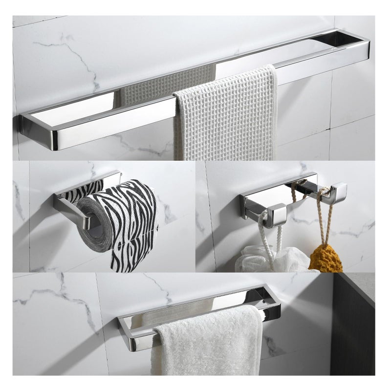 YACVCL 4Piece Bathroom Hardware Accessories Set Polished Chrome Towel Bar Set Square Towel Holder Kit Stainless Steel Wall Mounted