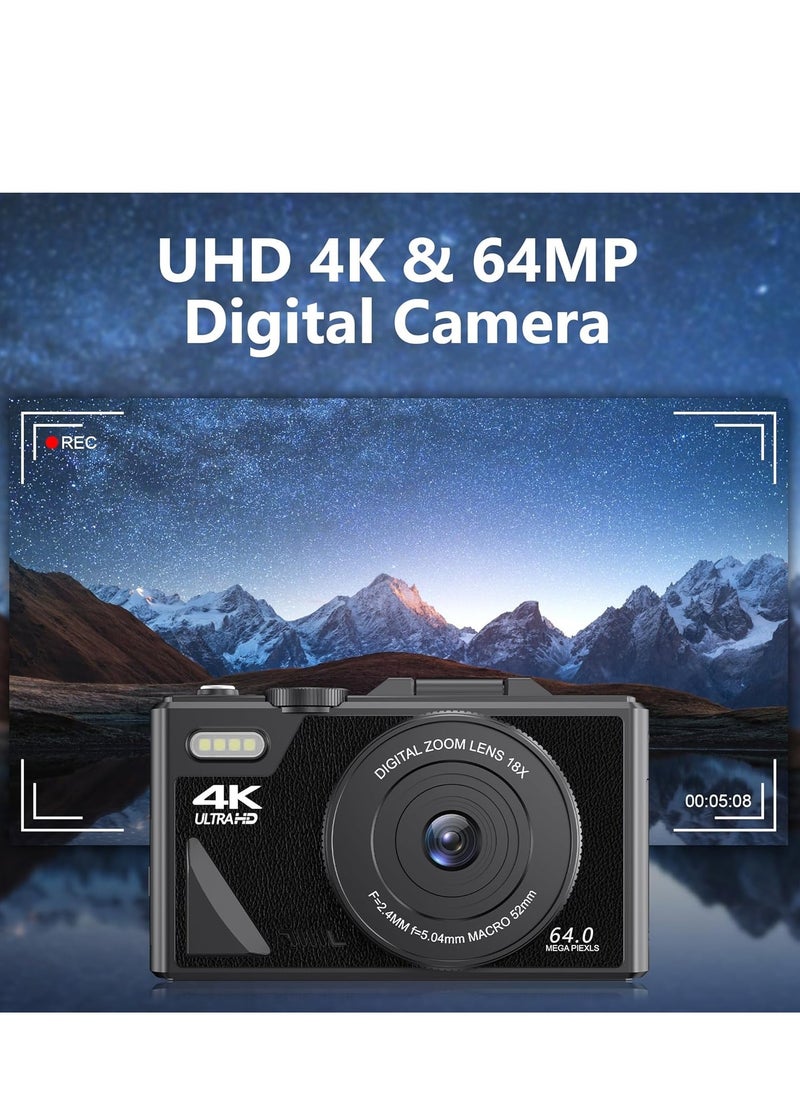 إيكويكام كاميرا رقمية 4K، كاميرا رقمية 64 ميجابكسل، تقريب رقمي 18X، كاميرات رقمية مع بطاقة SD سعة 64 جيجابايت، كاميرا محمولة مع وظيفة كاميرا الويب، كاميرا فيديو بتركيز تلقائي مع شاشة قلابة 3 بوصات، كاميرا تدوين فيديو للسفر، كاميرا رقمية كهدية  - Image 2