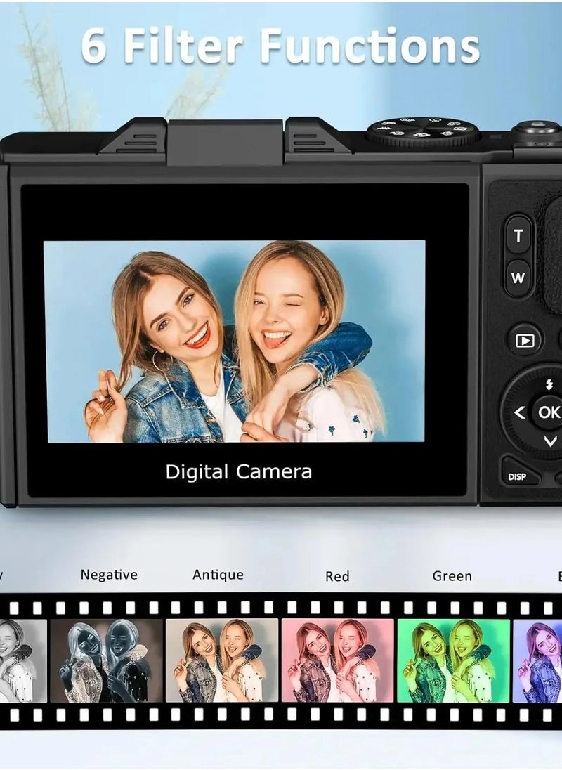 إيكويكام - كاميرا رقمية 4K، كاميرا رقمية 64 ميجابكسل، تقريب رقمي 18X، كاميرات رقمية مع بطاقة SD سعة 64 جيجابايت، كاميرا محمولة مع وظيفة كاميرا الويب، كاميرا فيديو بتركيز تلقائي مع شاشة قلابة 3 بوصات، كاميرا تدوين فيديو للسفر، كاميرا رقمية كهدية - Image 1