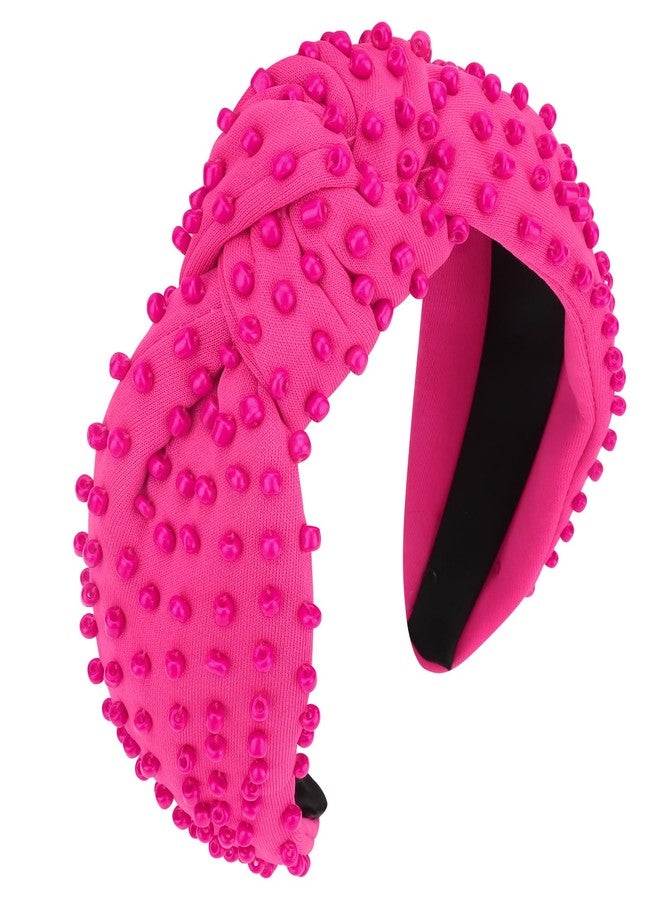 YISSION 1PC Pearl Knotted Headband for Women Non Slip Beaded Headband Wide Pearl Headbands for women Jeweled Embellished Hairband Hot Pink Head Band Hair Accessories for Women Girls - Image 1