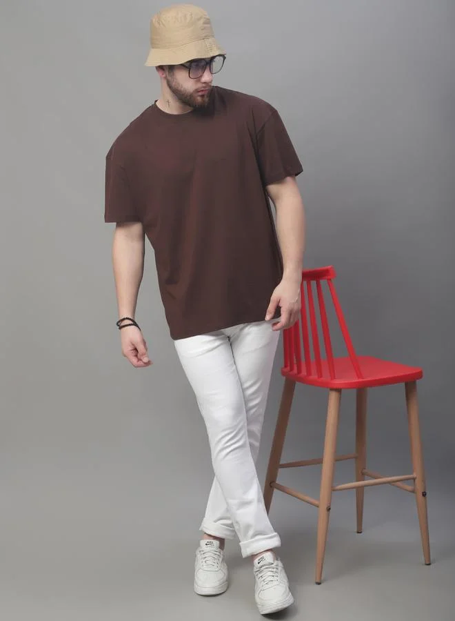Styli Men Oversized Brown Cotton Crew Neck T-Shirt By Door74