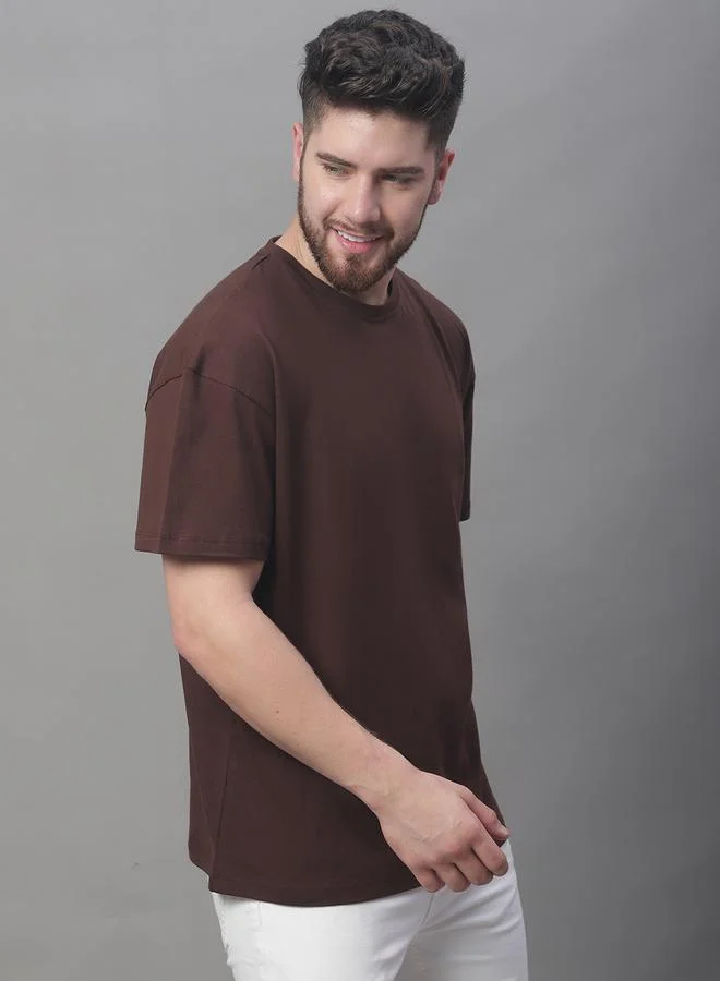 Styli Men Oversized Brown Cotton Crew Neck T-Shirt By Door74