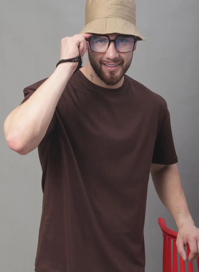 Styli Men Oversized Brown Cotton Crew Neck T-Shirt By Door74