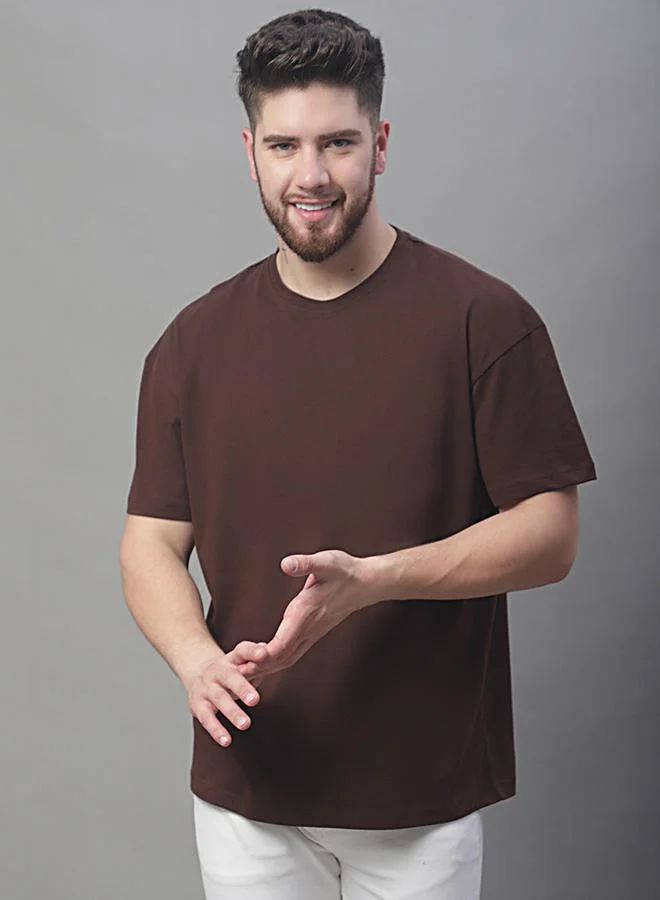 Styli Men Oversized Brown Cotton Crew Neck T-Shirt By Door74