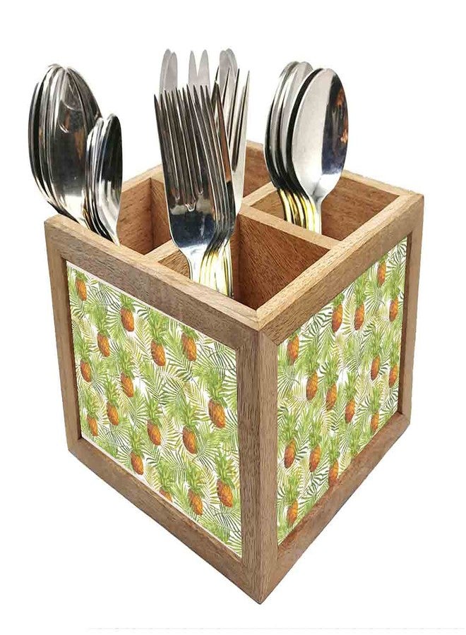 Nutcase Wooden Cutlery Stand Holder Silverware Caddy Spoons Forks Knives Organizer for Dining Table & Kitchen -Made in India-Spoons NOT Included - Tropical Pineapples - Image 1
