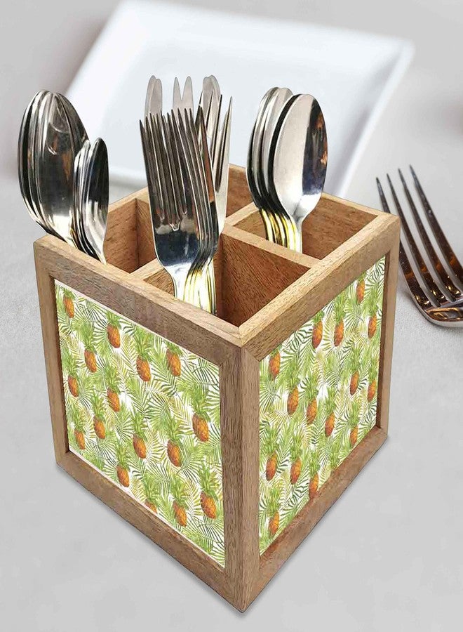 Nutcase Wooden Cutlery Stand Holder Silverware Caddy Spoons Forks Knives Organizer for Dining Table & Kitchen -Made in India-Spoons NOT Included - Tropical Pineapples - Image 2