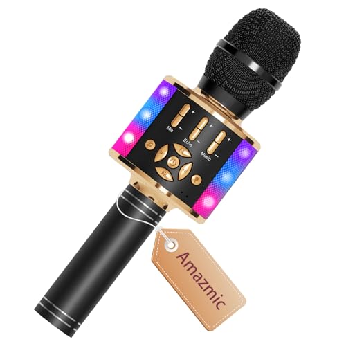 Amazmic Kids Karaoke Microphone Machine Toy Bluetooth Microphone Portable Wireless Karaoke Machine Handheld with LED Lights Gift for Children Adults Birthday Party Home KTVBlack Gold - Image 1