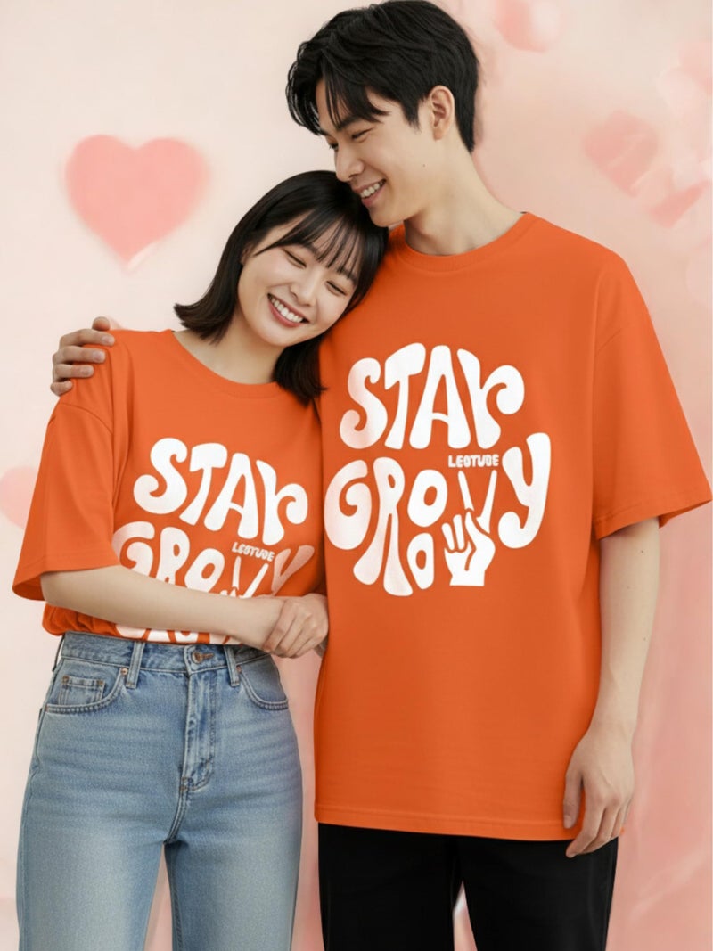 LEOTUDE Couple Combo Oversized T-Shirt Mens & Women’s Tshirt (PO2_FS49_ORG_GROVY_2XL_FS49_ORG_GROVY_S_Orange2) - Image 2